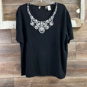 Ladies Black Short Sleeve Scoop Neck Beaded Top, Size 1X , Black W/ White Beads